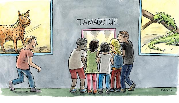Kinder drängeln sich im Naturhistorischen Museum vor dem Tamagotchi-Diorama. 